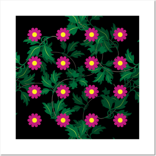 Cerise daisies with Yellow centres over layers of vine leaves on a Black background Posters and Art